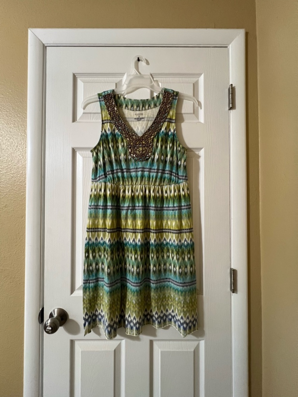 Sonoma Green, Teal & Yellow Patterned Sleeveless Dress with Beaded Neckline